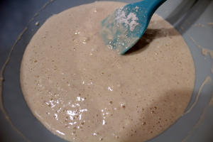 Closeup of eggless pancake batter in a bowl