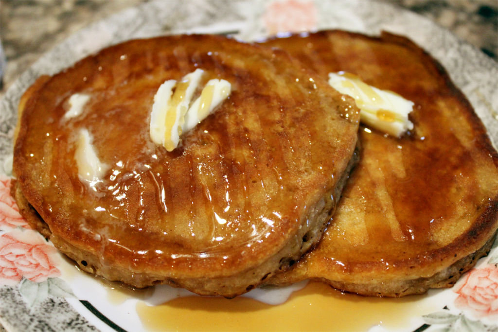 Eggless Diner Style Crispy Edge Pancakes with butter and syrup