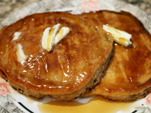 Eggless Diner Style Crispy Edge Pancakes with butter and syrup