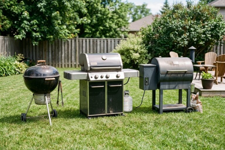 A charcoal, gas, and pellet grill in a backyard on a sunny day.