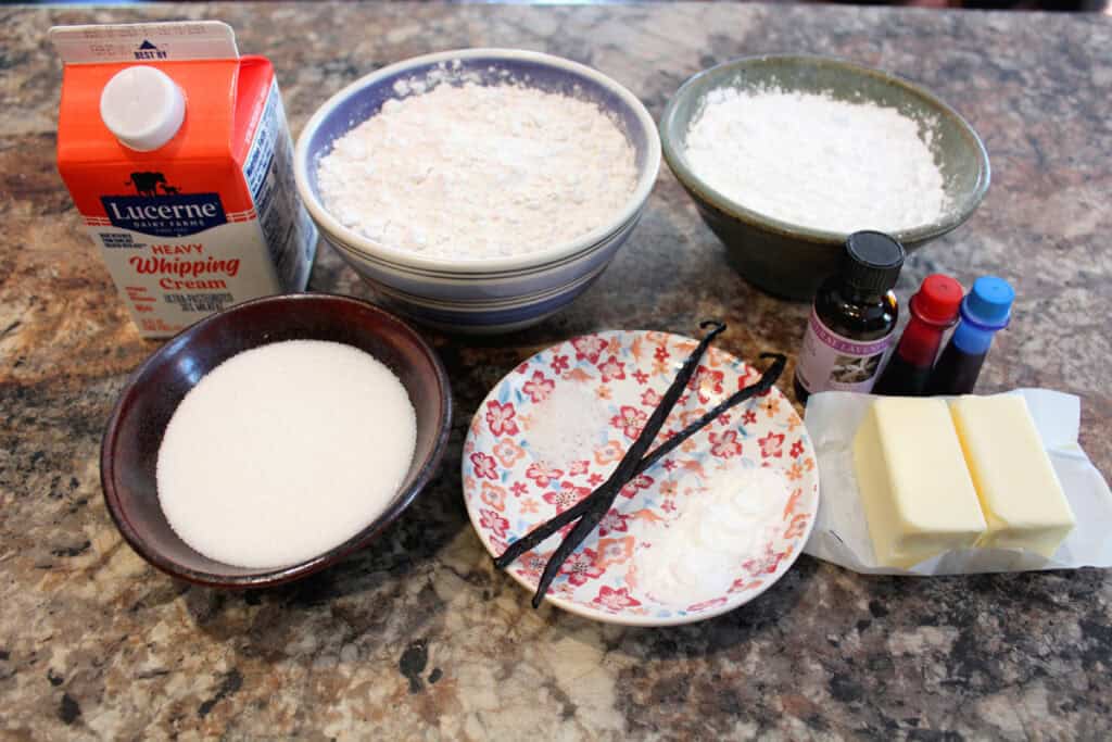 Ingredients to Make Vanilla Bean Lavender Scones on a countertop