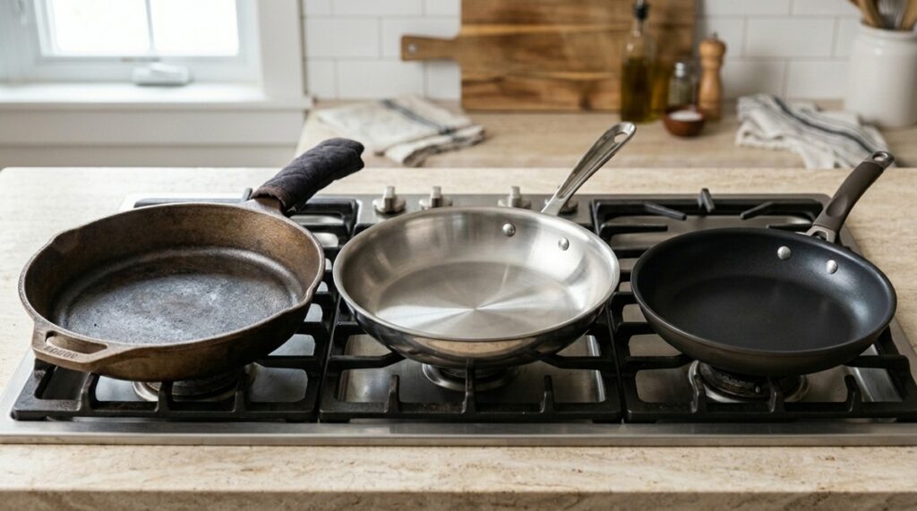 Cast Iron, Stainless Steel, and Nonstick Pans on a stovetop